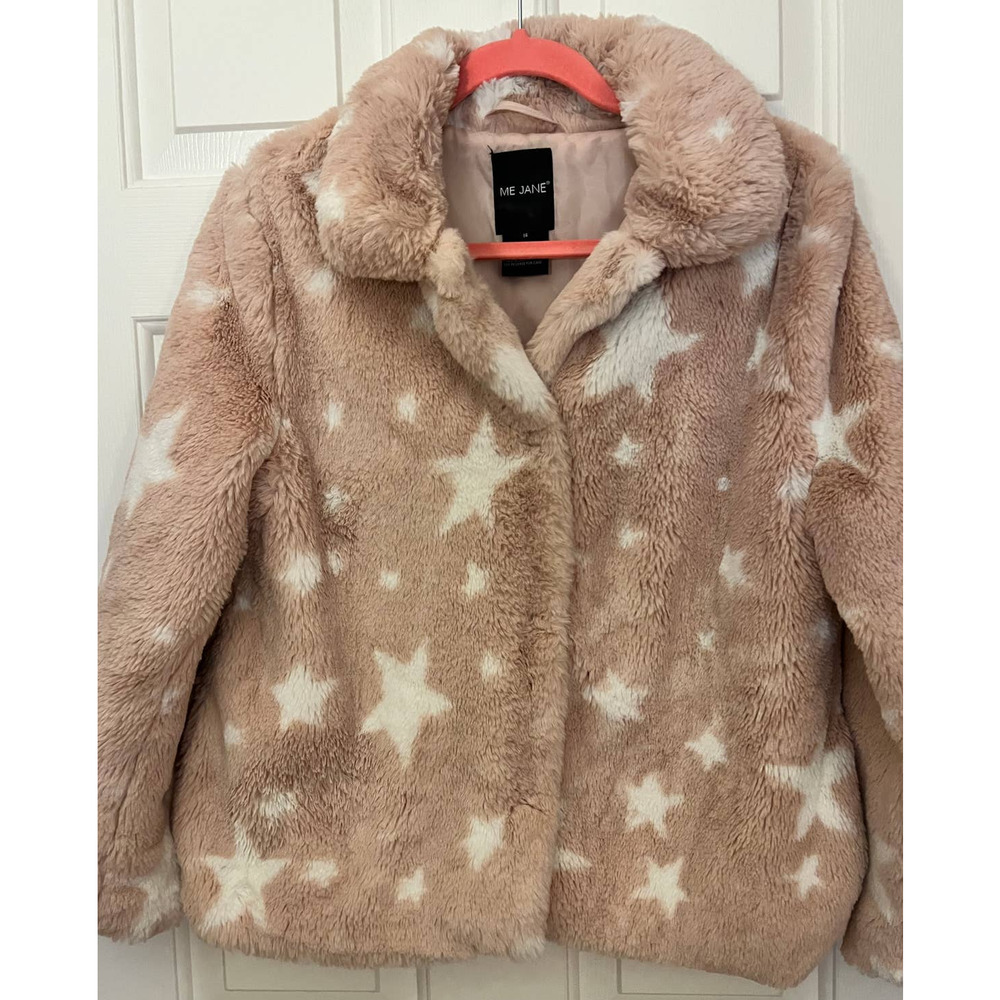 Me Jane Girls faux fur Pink White Star Jacket Size 16 Four Snaps Soft Plush‎
